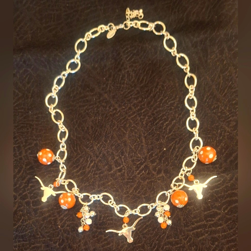 Longhorn Necklace with Burnt Orange and White Beads.